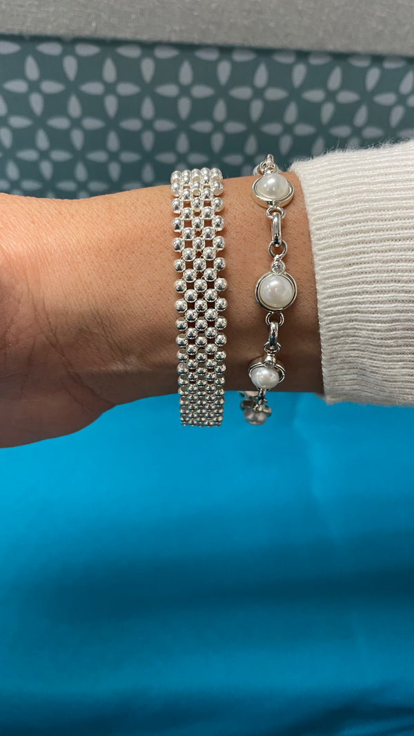 アクセサリー Silver Beaded Bracelet / Medium Five Row Multi Beads Elastic Silver Bracelet - TBJOUX