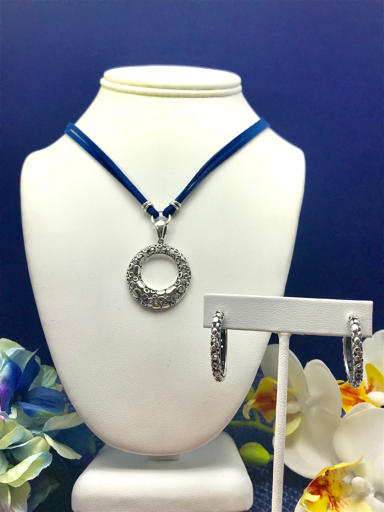 Carved Pendant and Hoop Earrings Set