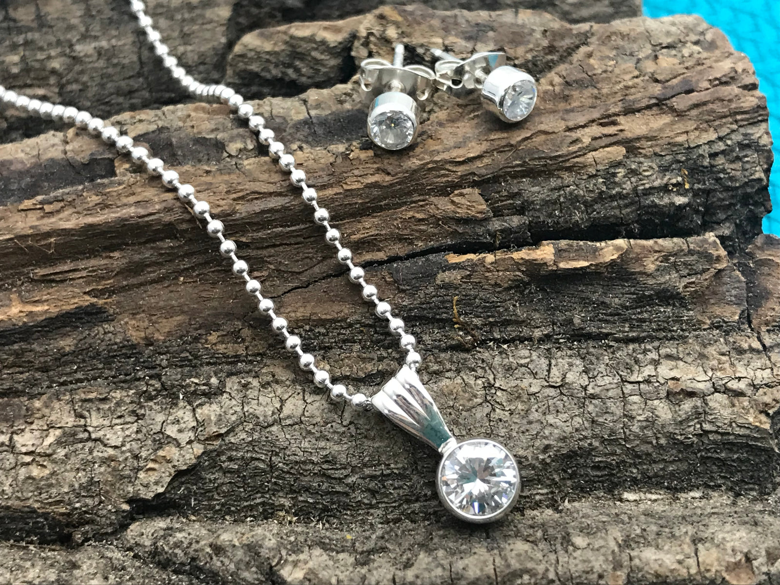 Small Round Zirconia Necklace and Earrings Sterling Silver Set