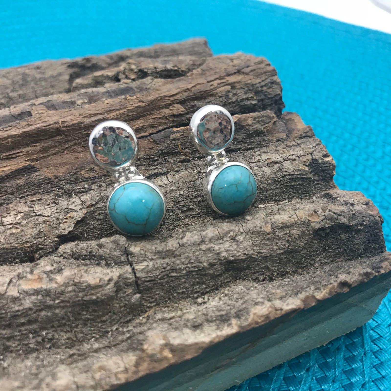 Hammered Silver and  Pearl, Turquoise or Red Stone Earrings