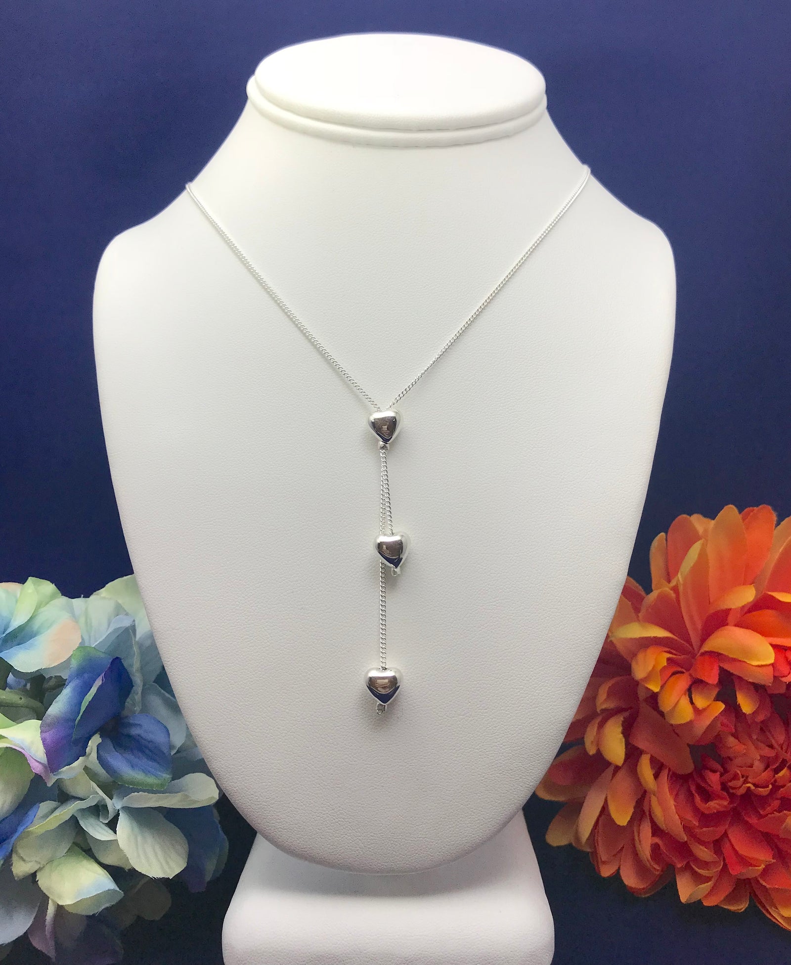 Triple Hearts Bow Tie Chain Silver Necklace and Earrings Set