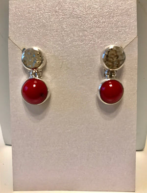 Hammered Silver and  Pearl, Turquoise or Red Stone Earrings