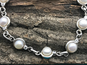 Linked Pearl and Zirconia Silver Bracelet
