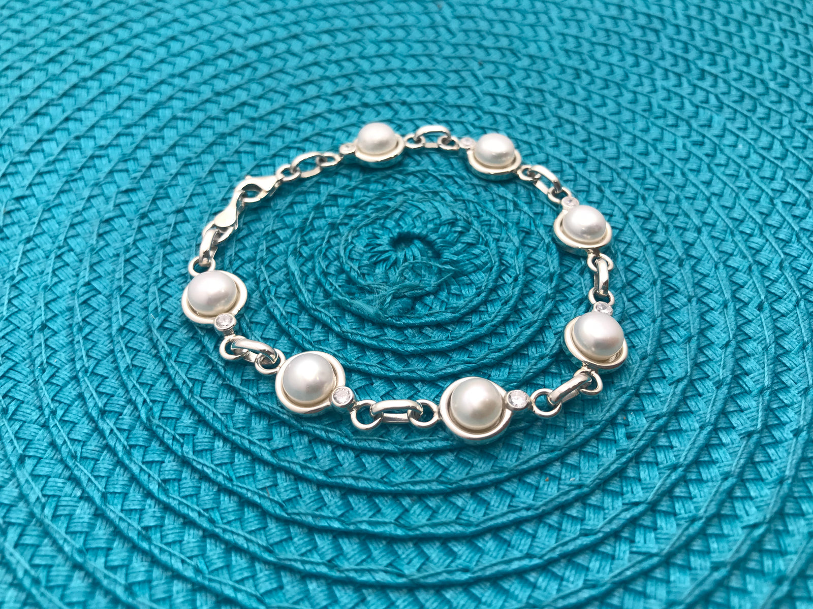 Linked Pearl and Zirconia Silver Bracelet