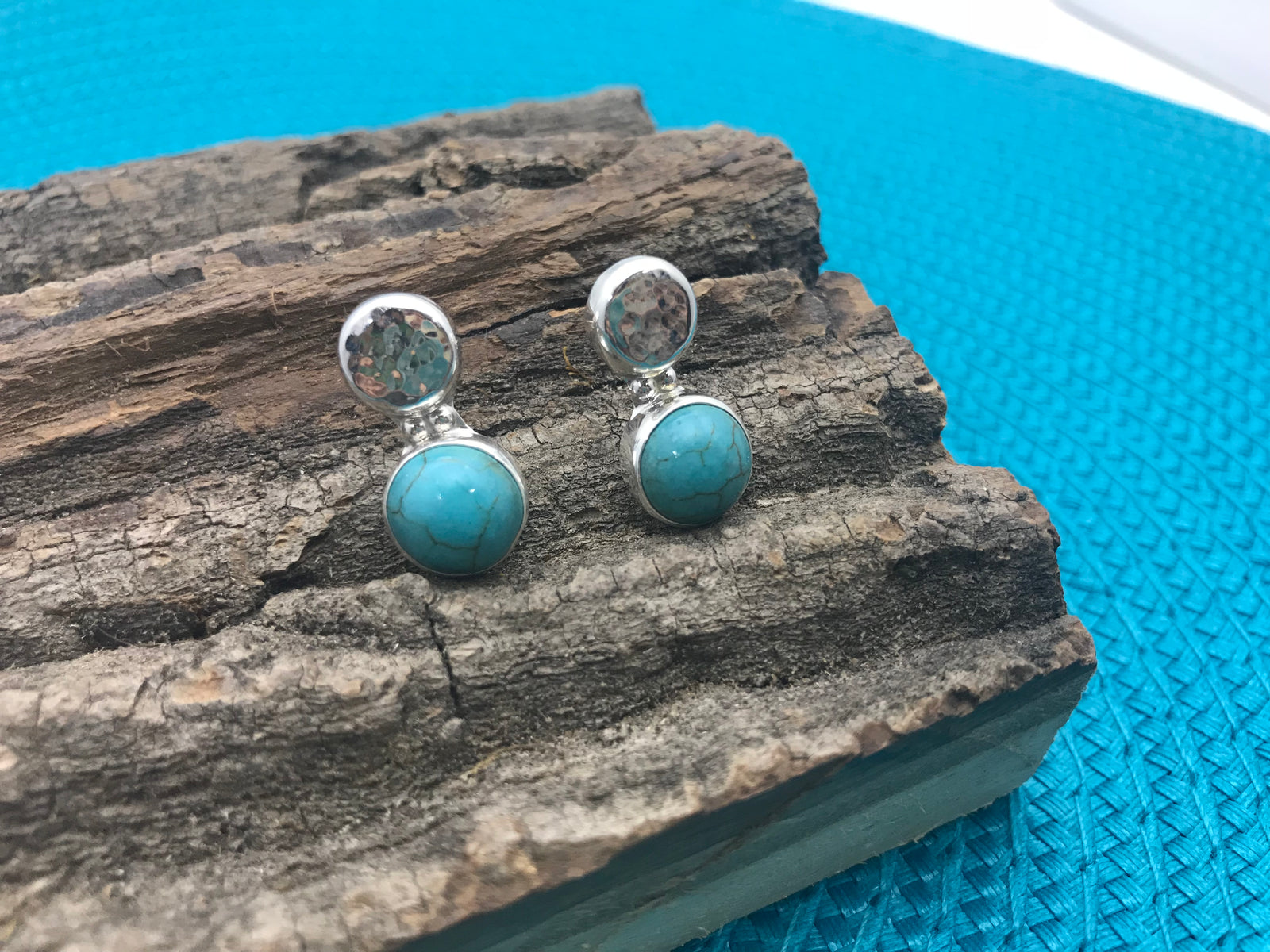 Hammered Silver and  Pearl, Turquoise or Red Stone Earrings