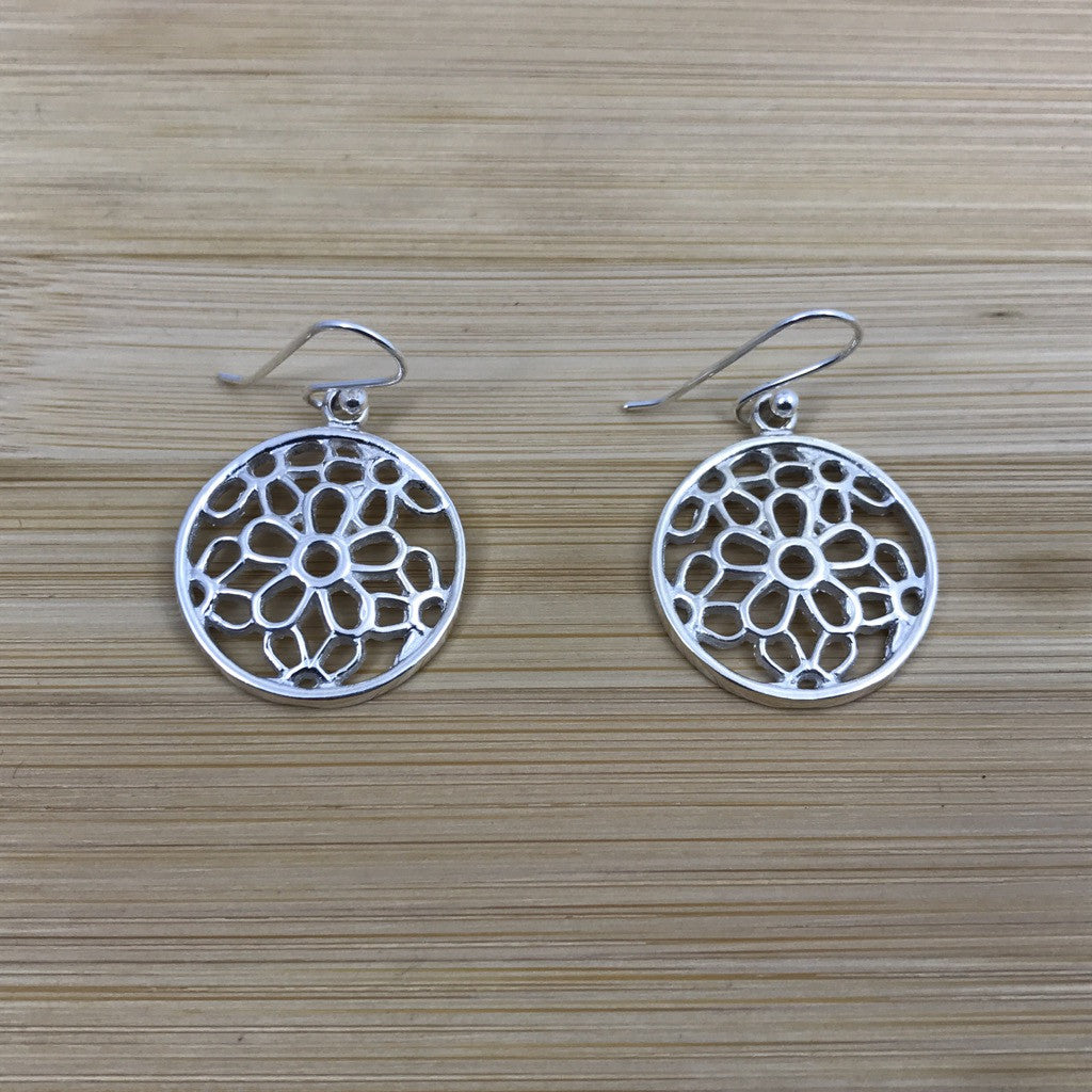 Daisies Round Medal Silver Earrings