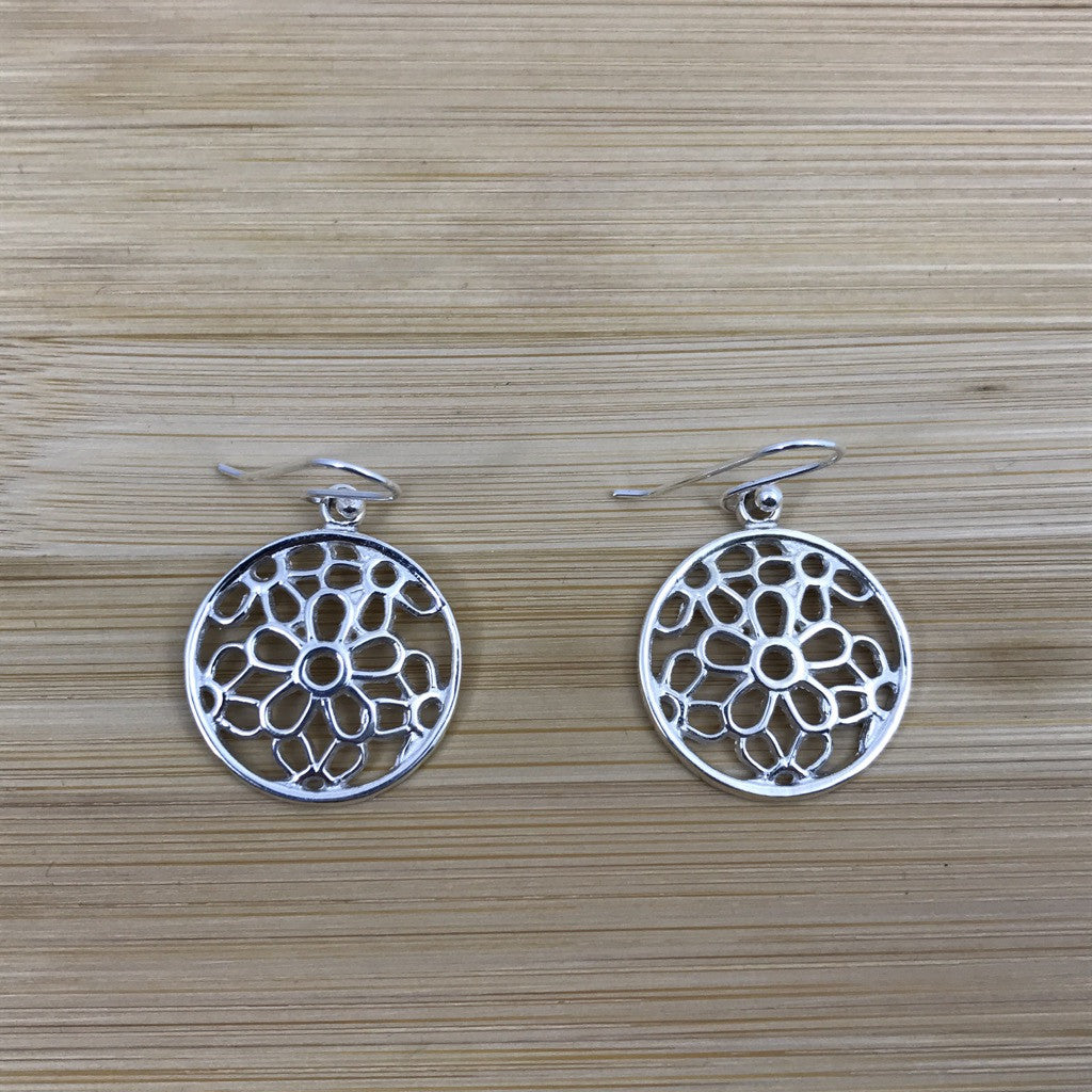 Daisies Round Medal Silver Earrings
