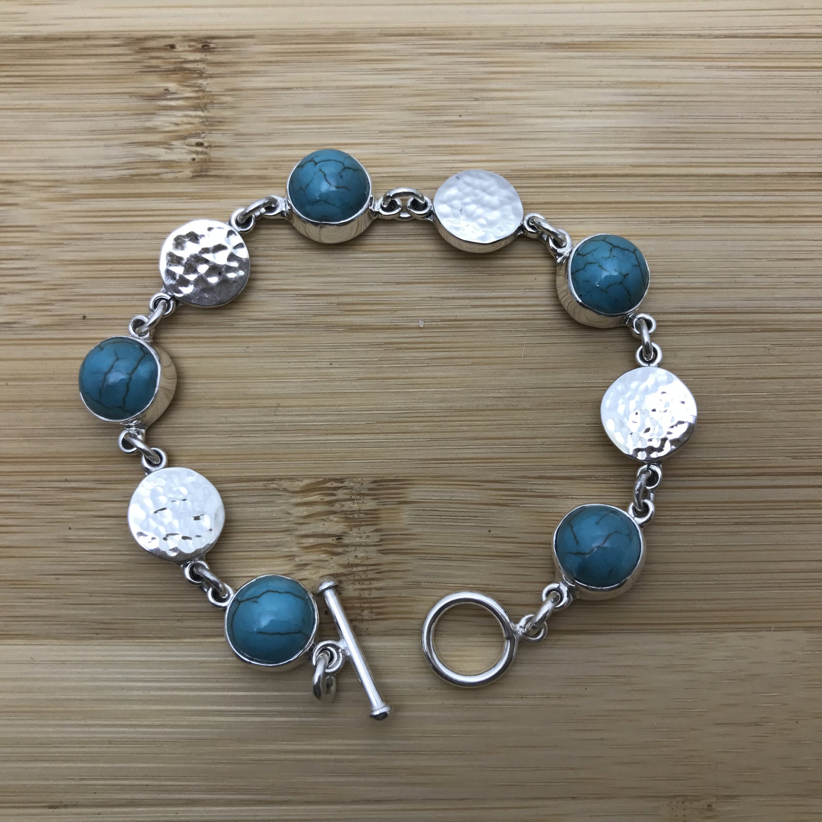 Linked Discs and Stones Silver Bracelet