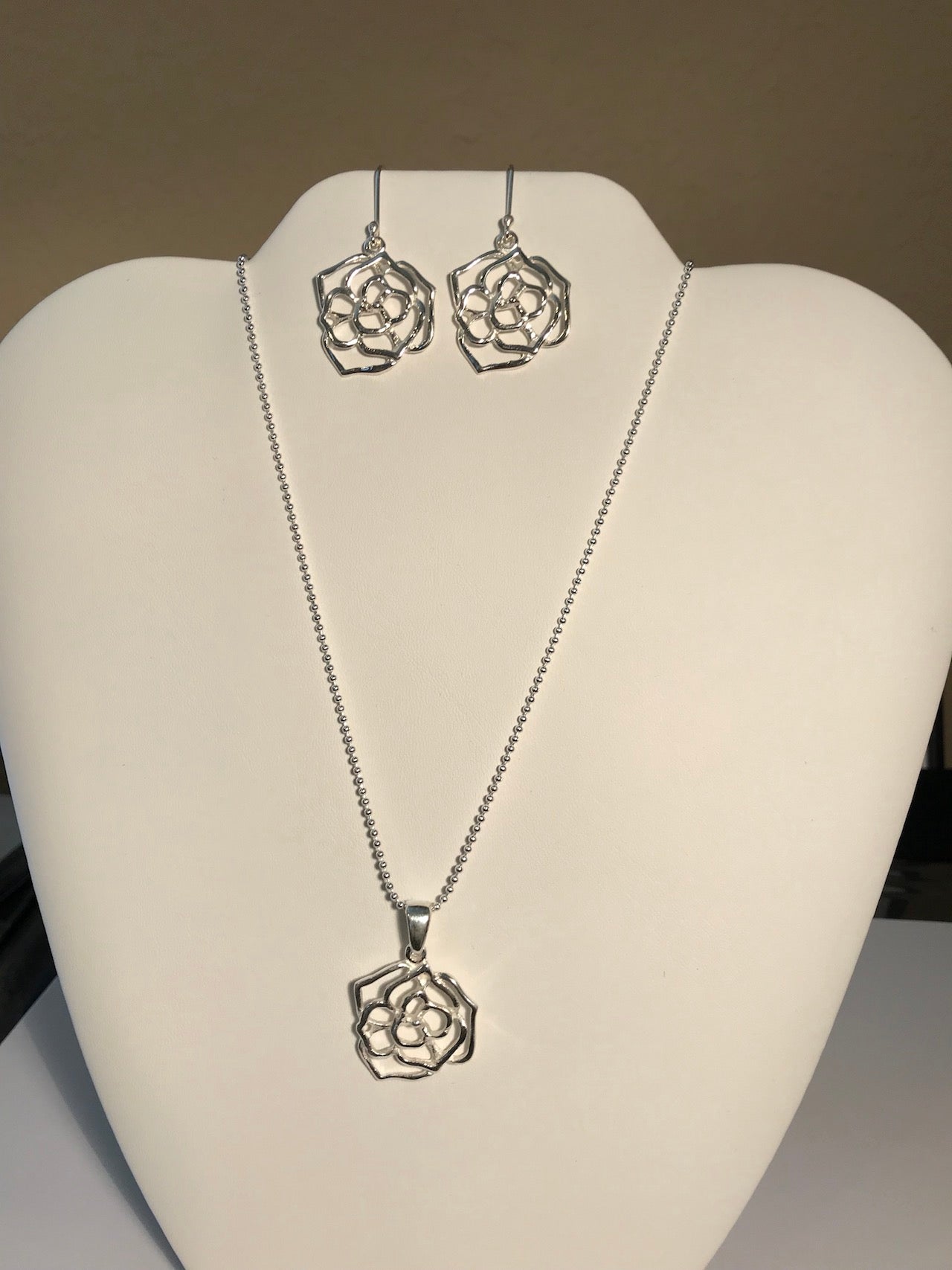 Rose Flower Sterling Silver Necklace and Earrings Set