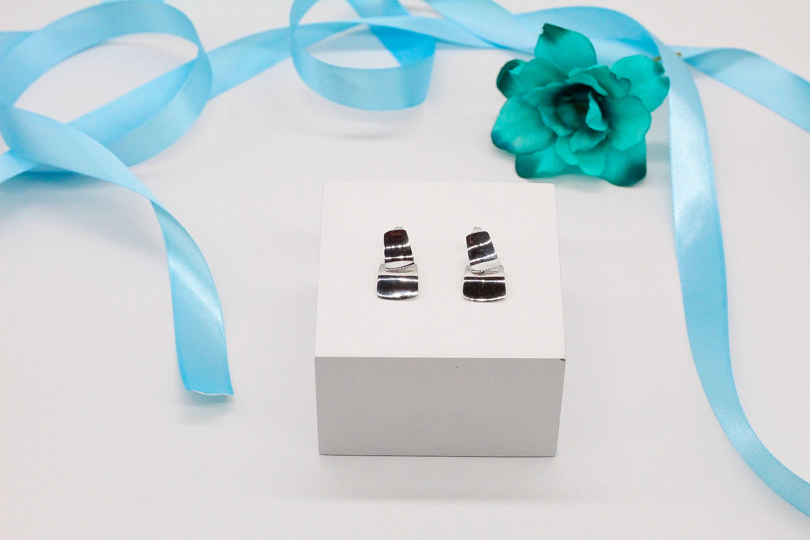 Double Curved Slab Stud Silver Earrings