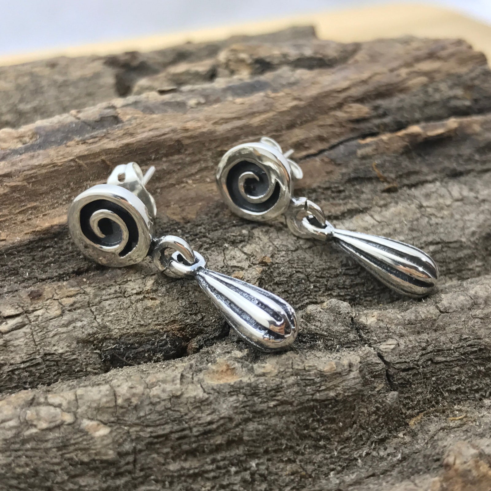 Swirl and Drop Silver Earrings
