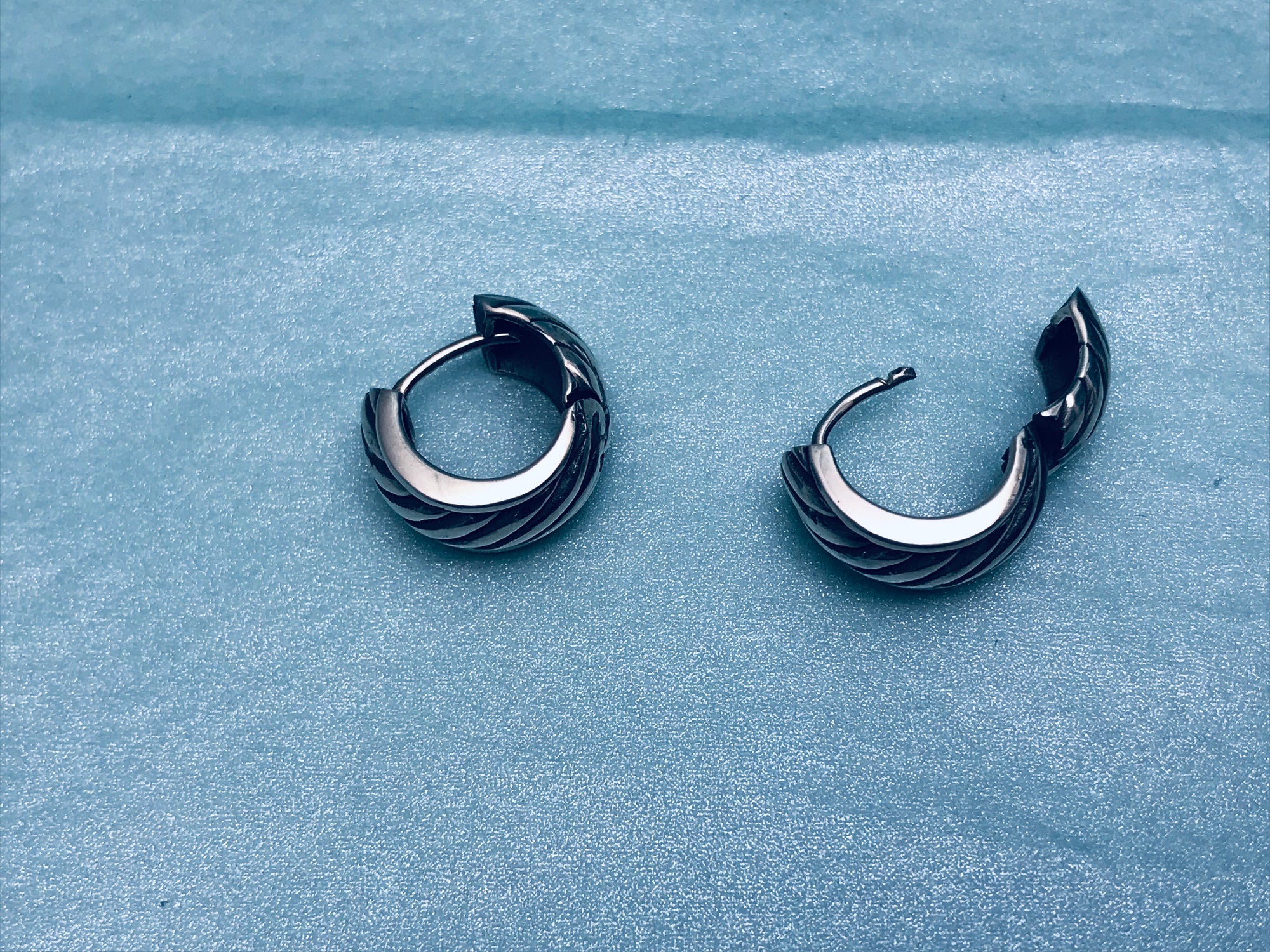 Round Huggies with Oxidized Lines Silver Earrings