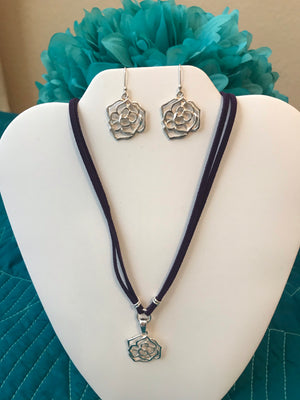 Rose Flower Sterling Silver Necklace and Earrings Set