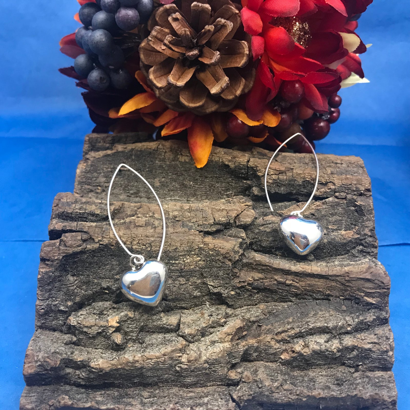 Heart Long French Wire Hook Silver Earrings