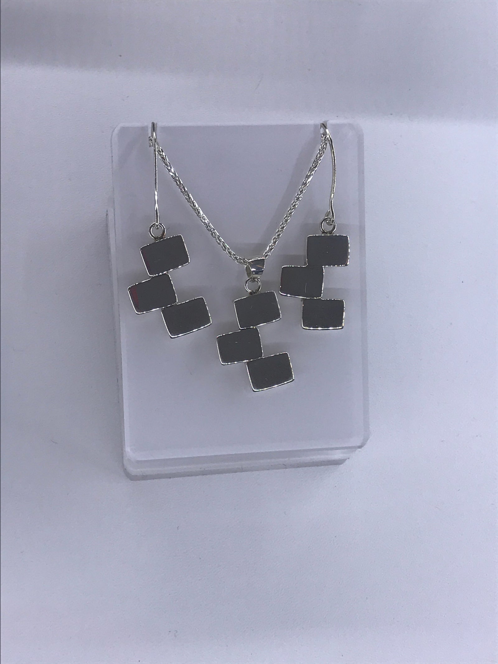 Modern Rectangle Silver Pendant and Earrings Set