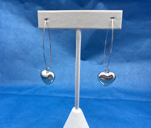 Heart Long French Wire Hook Silver Earrings