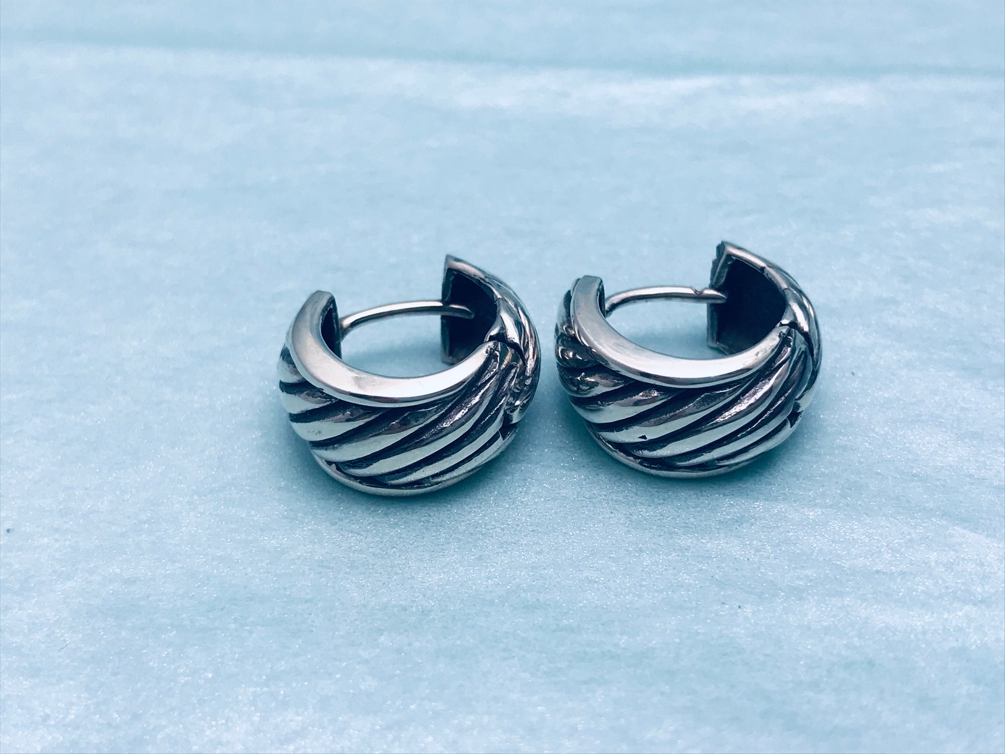 Round Huggies with Oxidized Lines Silver Earrings