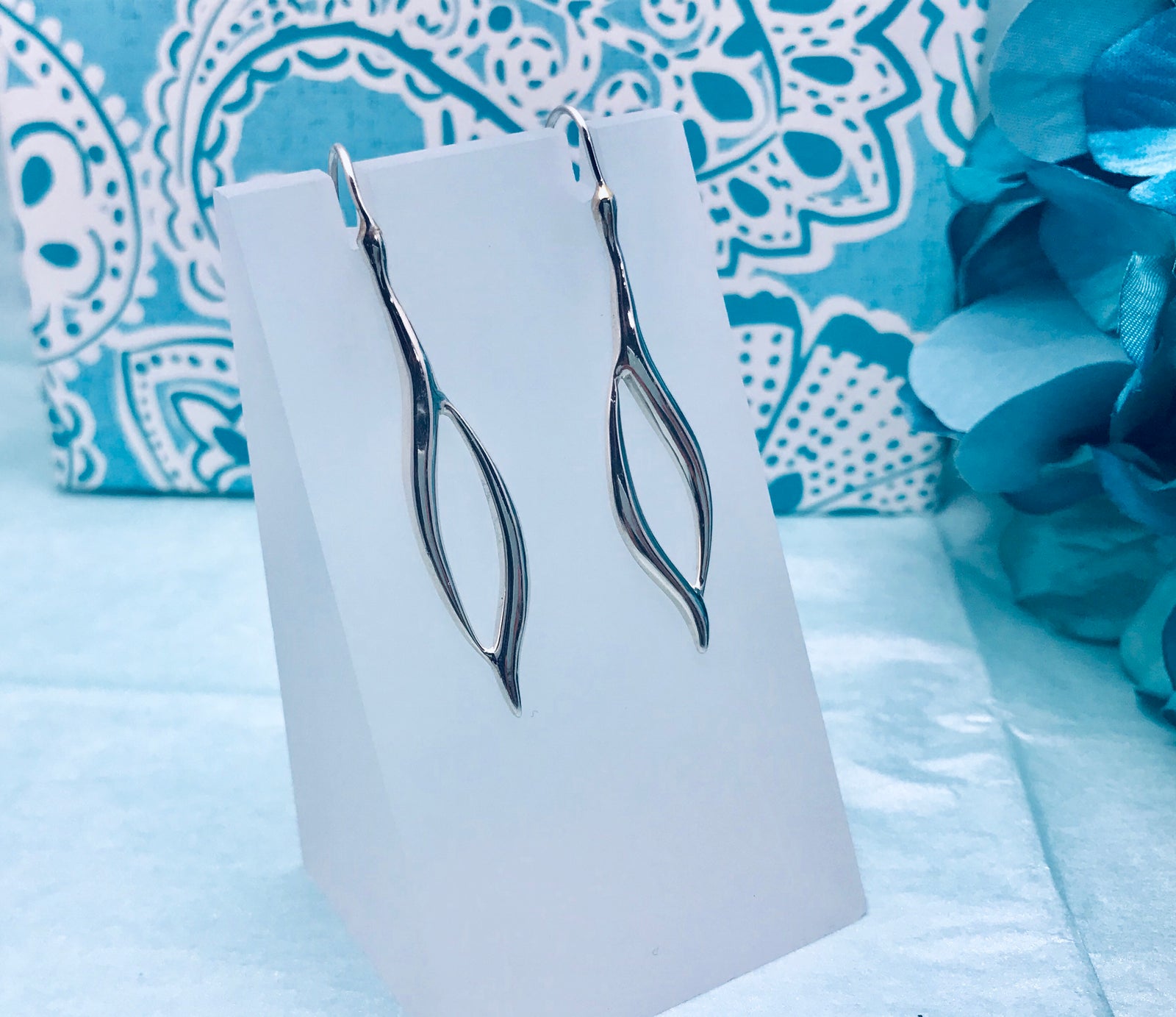 Long Modern Leaf Silver Earrings