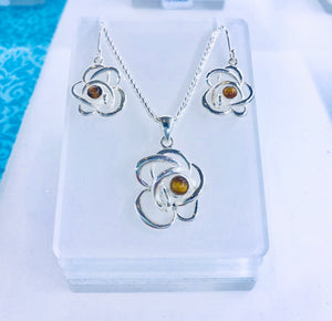 Silver Flower and Stone Pendant and Earrings Set