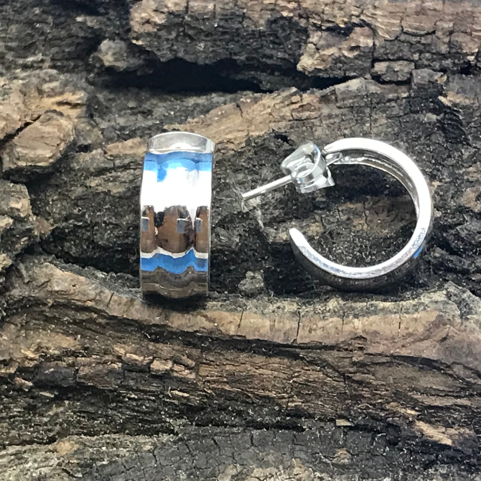 Wide Small Silver Hoop Ridged Earrings