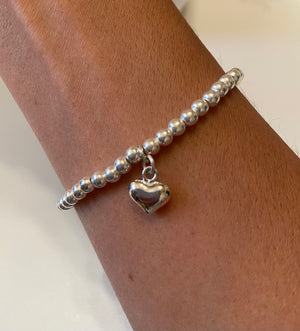 Heart and Pearl Elastic Silver Bracelet