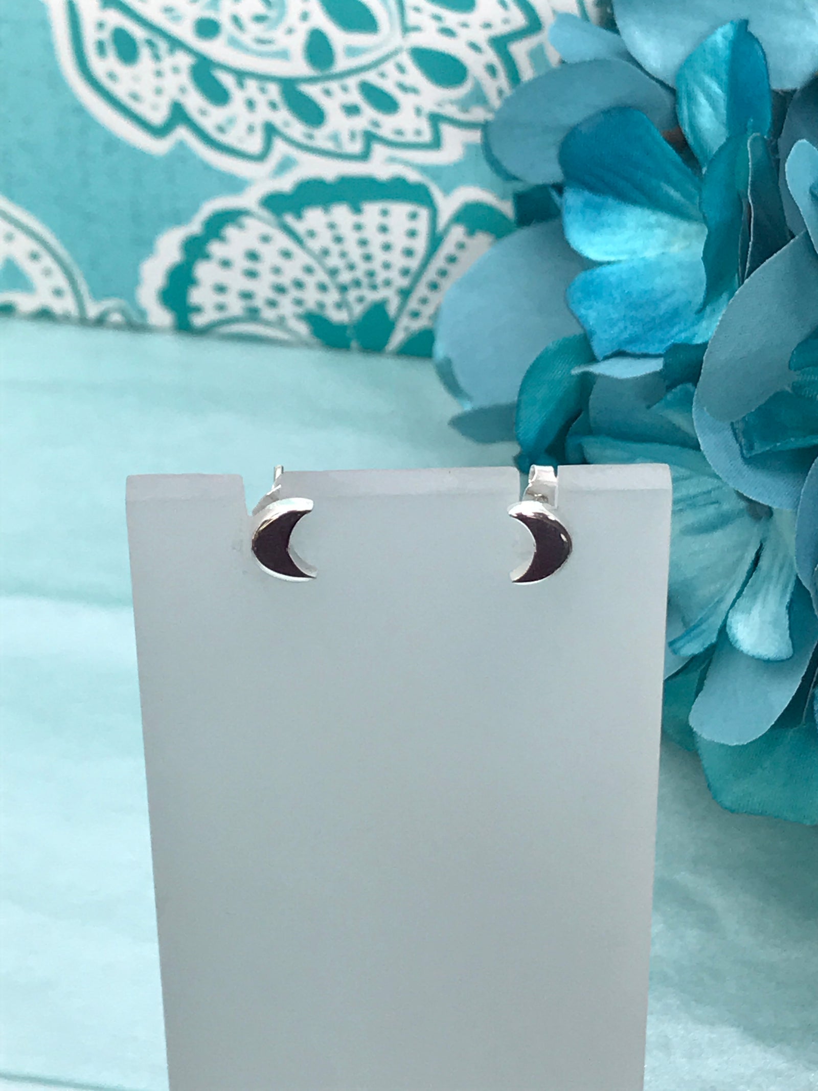 Flat Crescent Moon Shaped Stud Silver Earrings