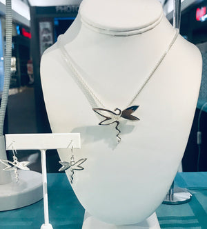 Stylized Dragonfly Silver Necklace and Earrings Set