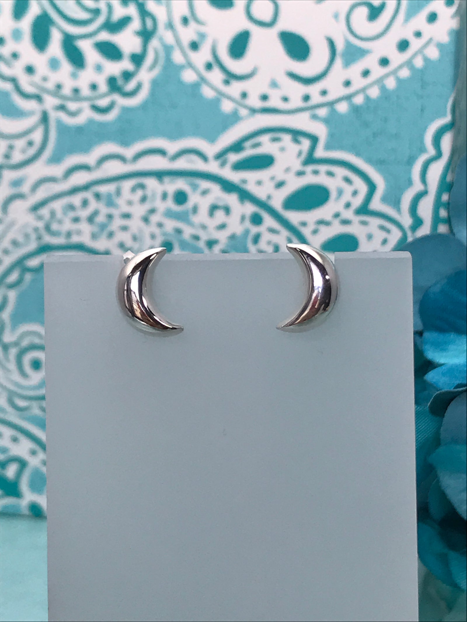 Round Crescent Moon Shaped Silver Earrings