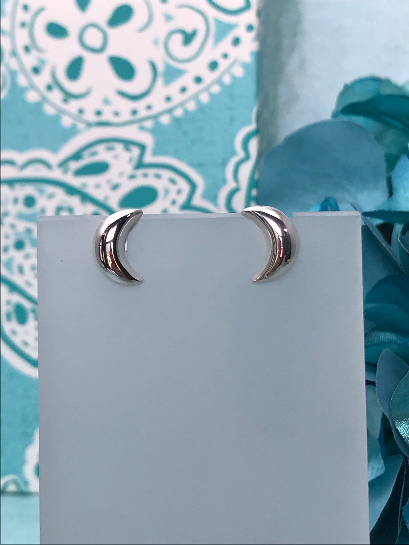 Crescent Moon Shaped Stud Silver Earrings