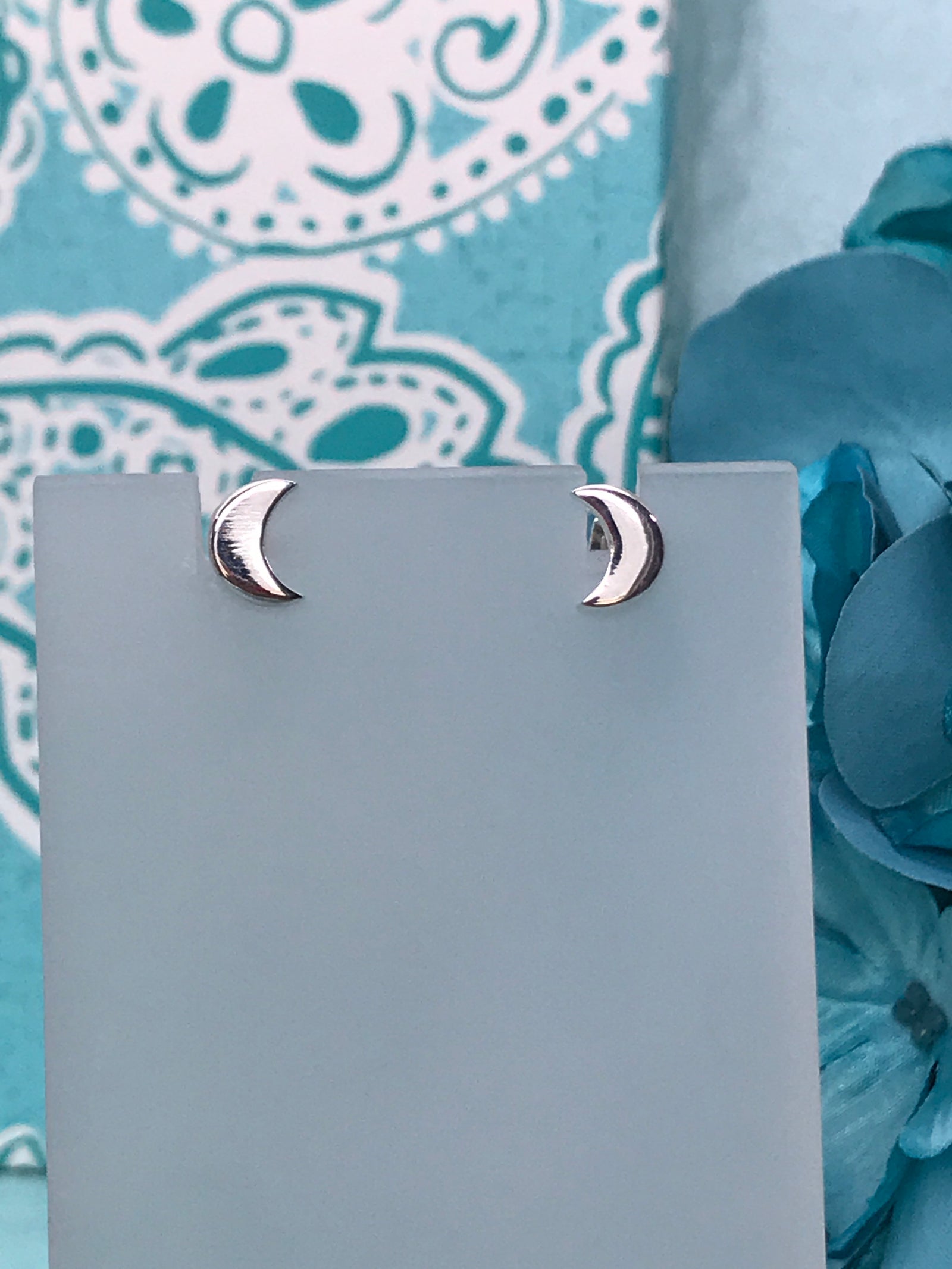 Flat Crescent Moon Shaped Stud Silver Earrings